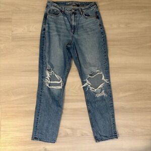 American Eagle Jean Women Outfitters Wash Distressed Straight Leg Jeans Size 8